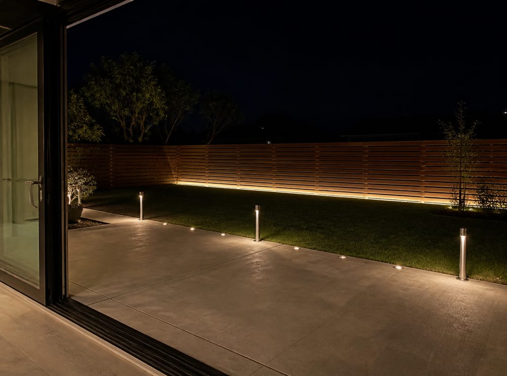Concrete patio with flush step lights and steel bollards