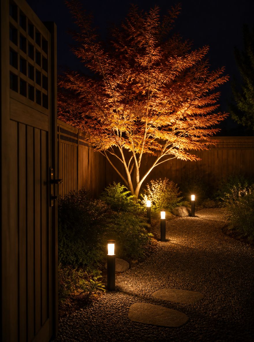 Japanese maple canopy lit by two ground uplights