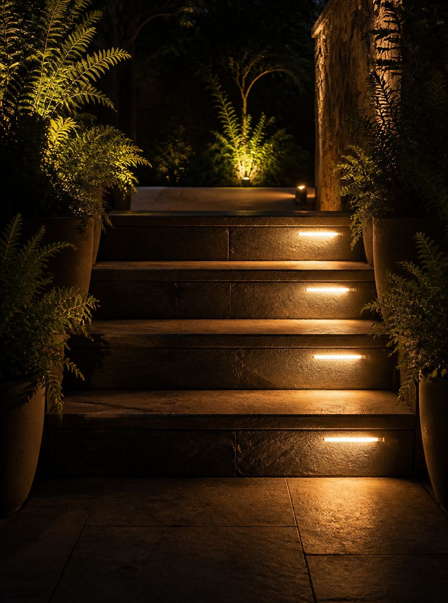 Recessed LED step lights on each stone riser
