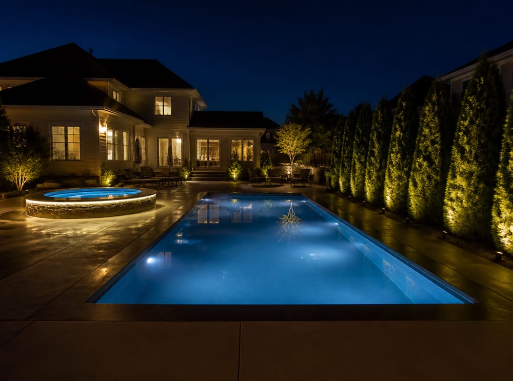 Cool pool LEDs contrasting with warm arborvitae uplights