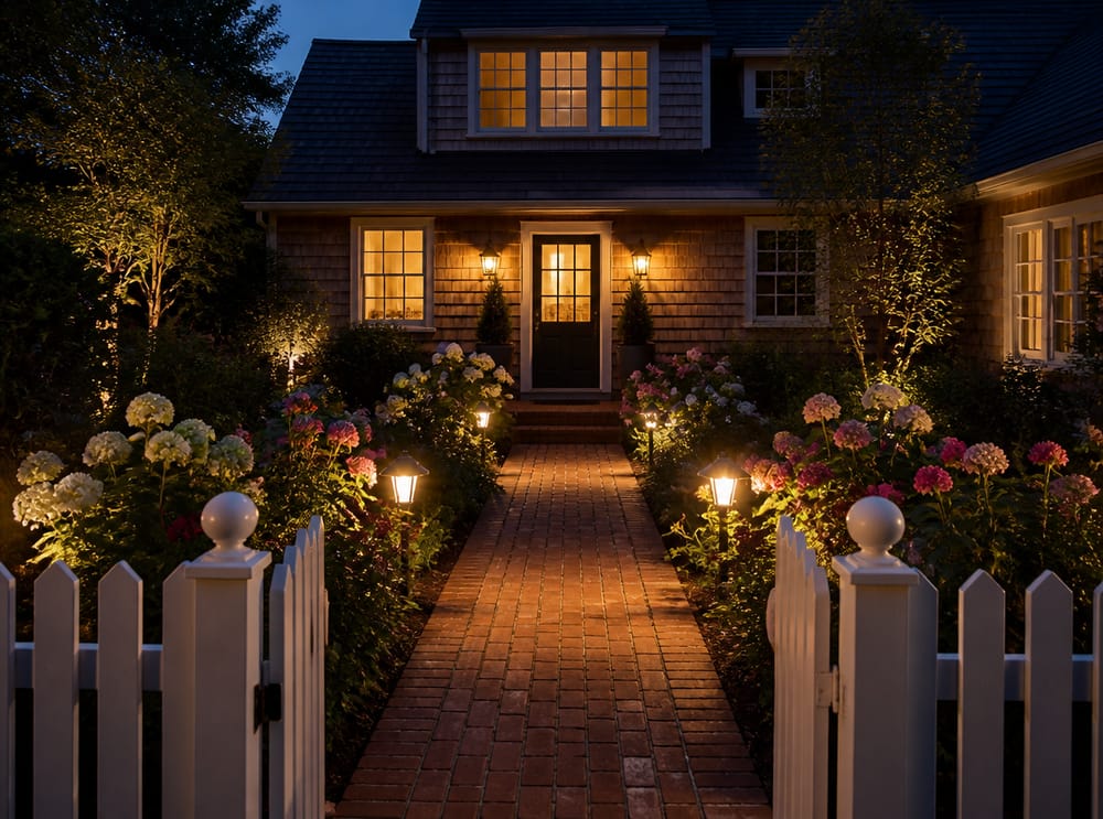 Brick path with lantern-style lights toward cottage facade