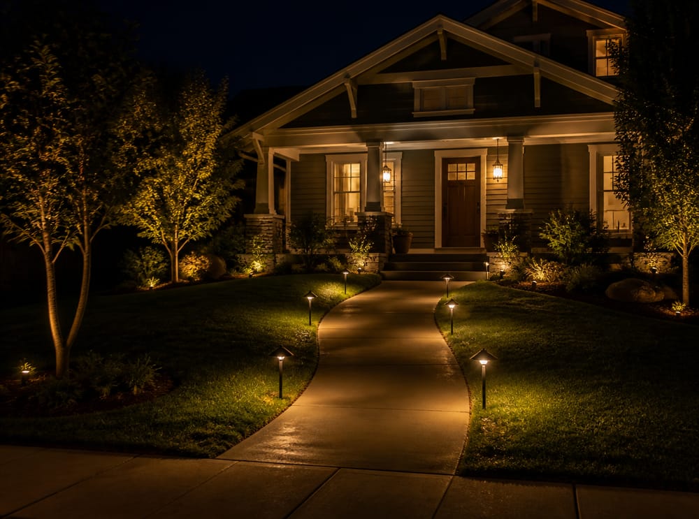 Curved front path with alternating dome path lights