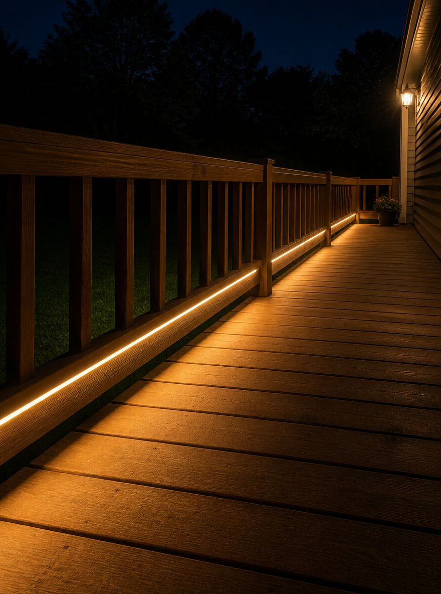 Integrated LED strip glowing along deck railing length