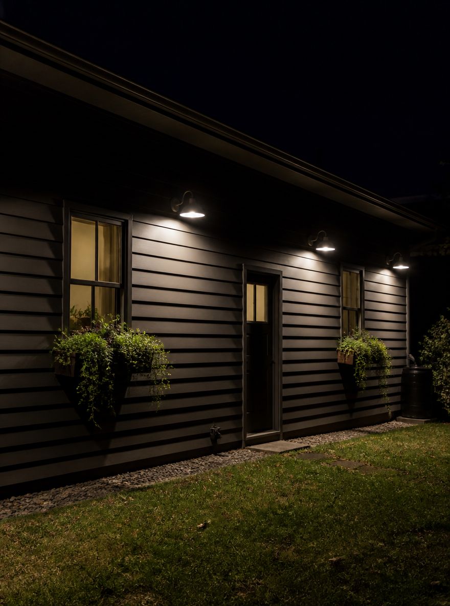Frosted sconces casting pools on dark shiplap wall