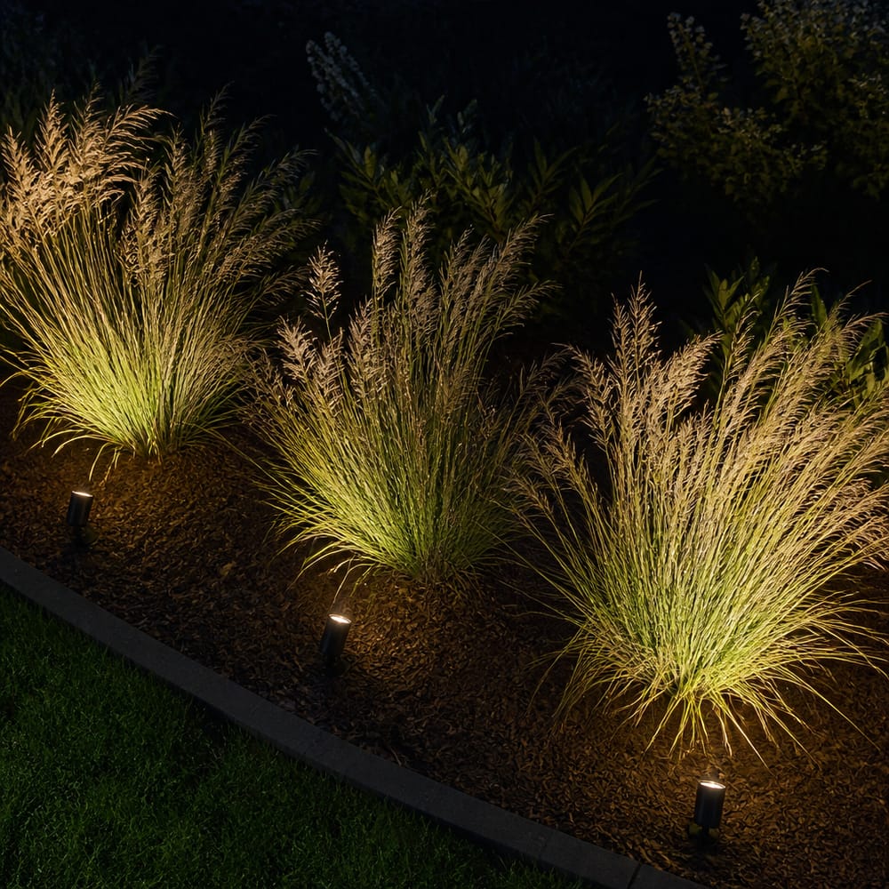 Directional spotlights aimed up at ornamental grass cluster