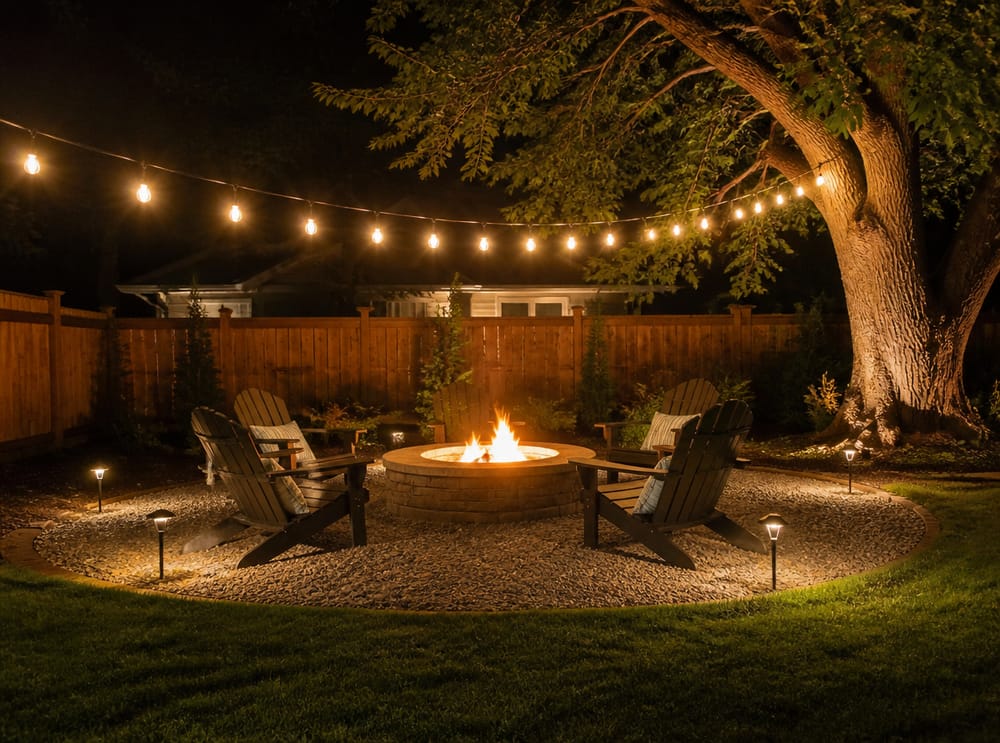 Stone fire pit area with ground spike lights between chairs