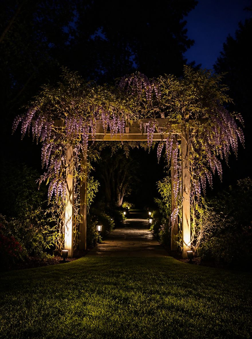 Wisteria arbor uplighted from base, path receding beyond