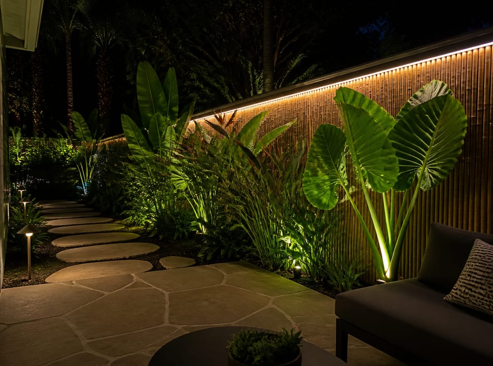 Tropical plants uplighted against bamboo fence at night