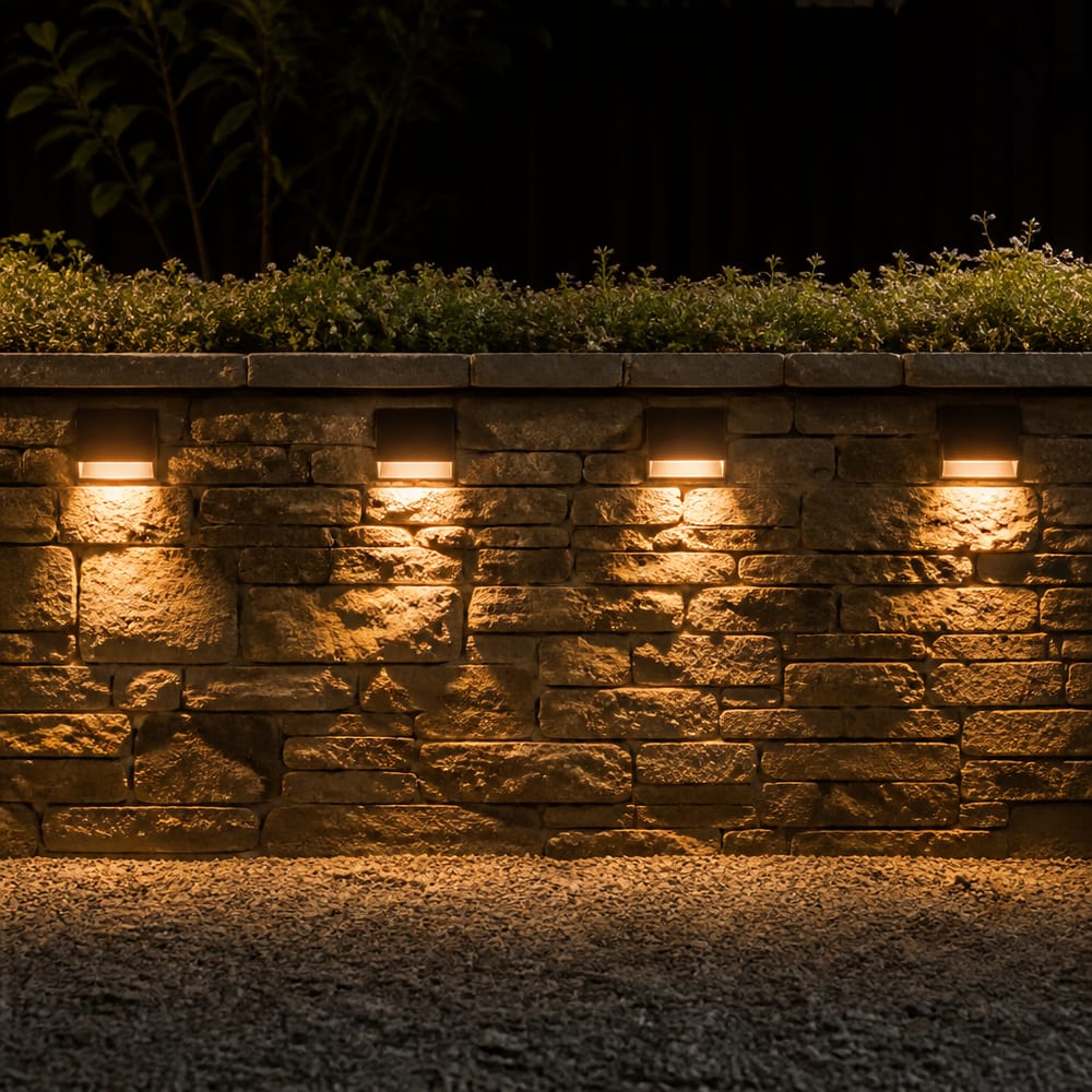 Recessed niche lights built into stone retaining wall