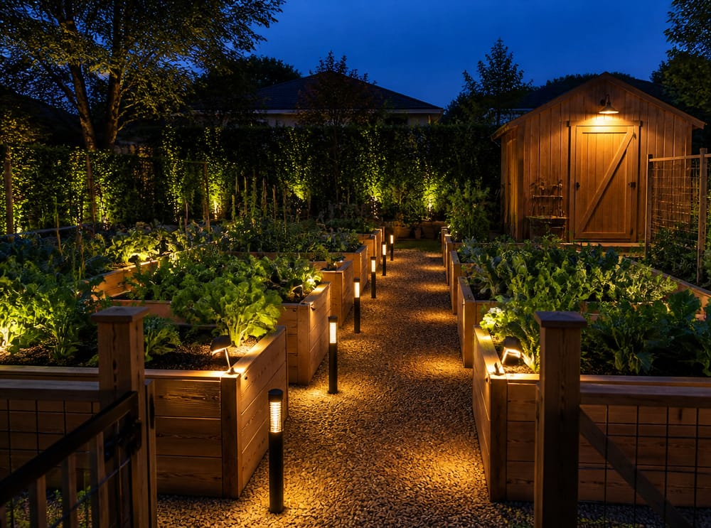Raised vegetable beds with spike lights along gravel path