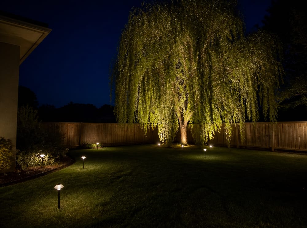 Weeping willow lit from three ground fixture angles
