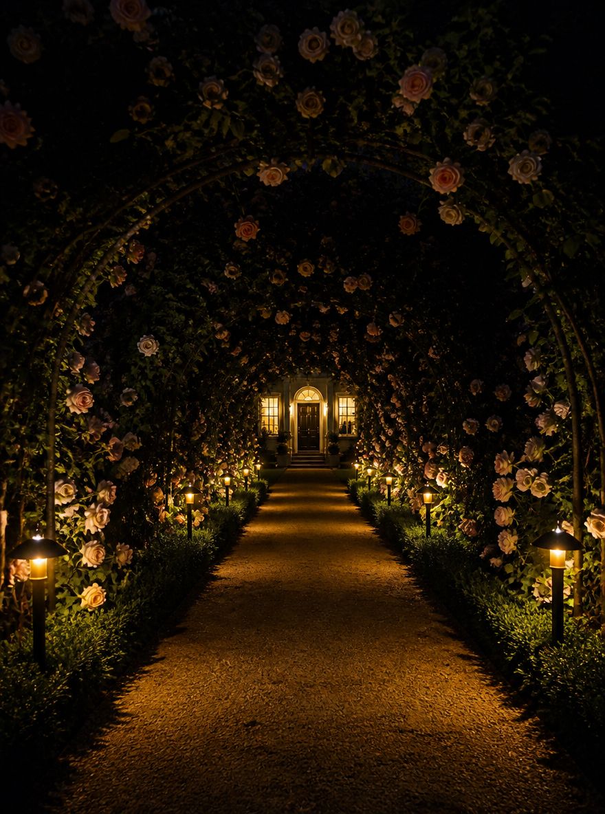 Rose arch tunnel with receding amber path lights