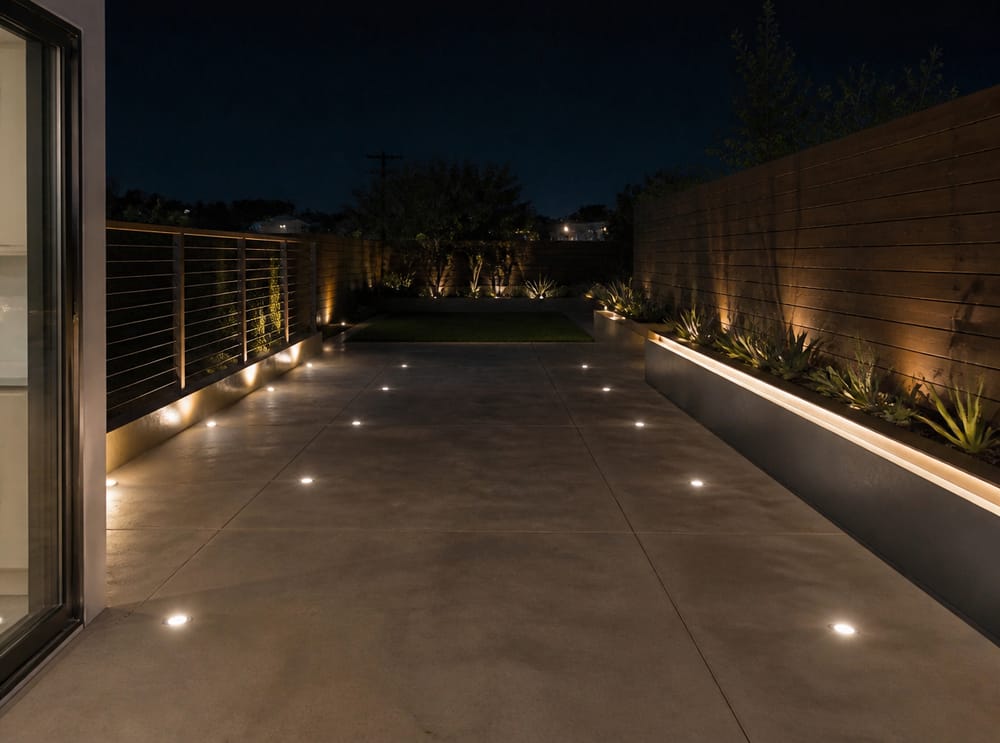 Flush deck lights in grid pattern across concrete patio