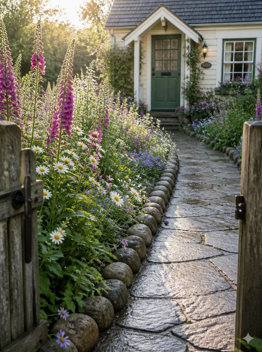Elvesteinramme rundt bed med ville blomster