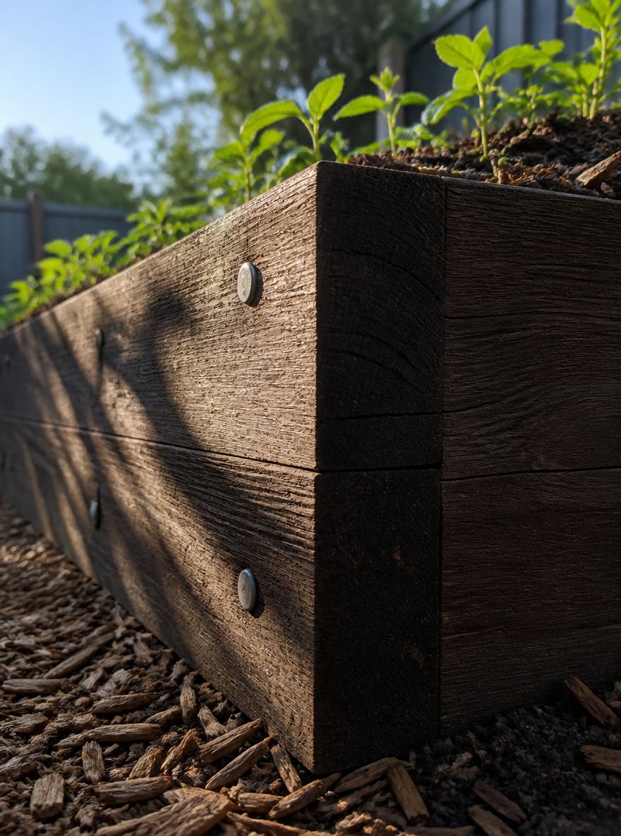 Hardtre stokker i hjørne av opphøyd bed med spirende planter