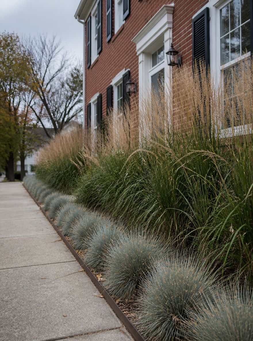 Ornamental grasses layered against brick facade