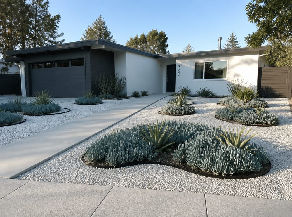 Xeriscape with white gravel and aloe clusters