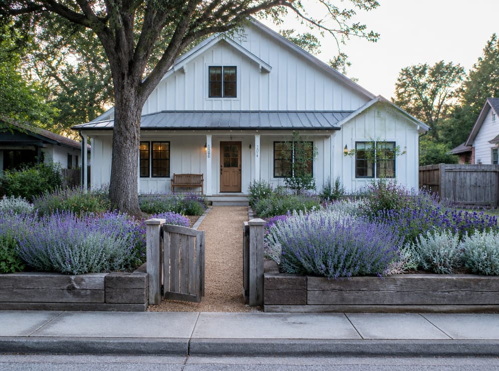Lavender and Russian sage in cedar-edged beds