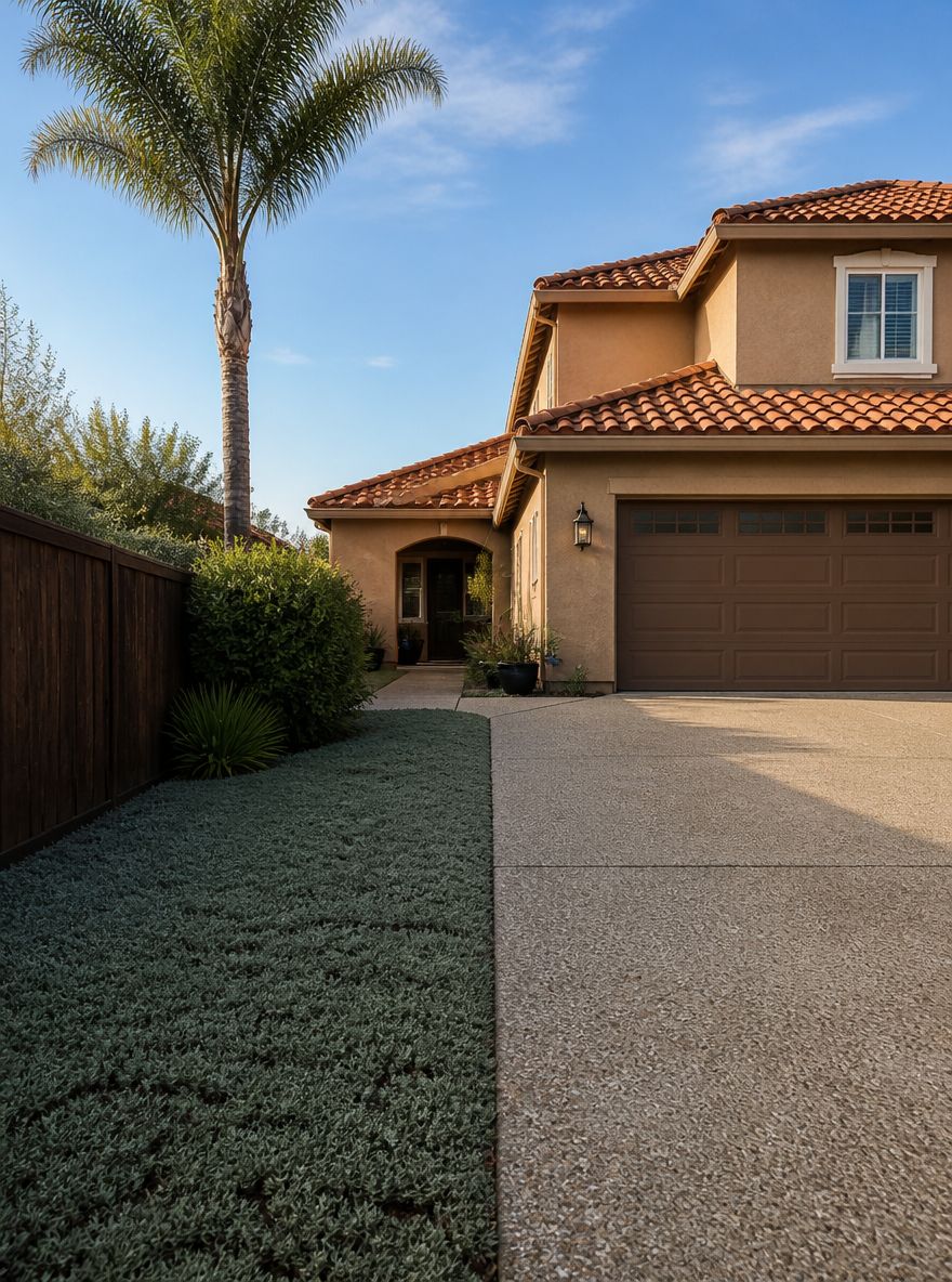Dymondia ground cover along exposed aggregate driveway