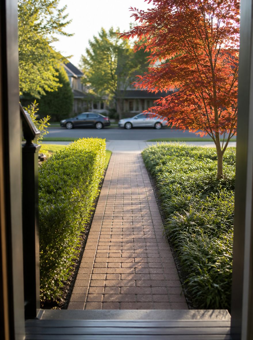 Brick path with boxwood hedge and liriope border
