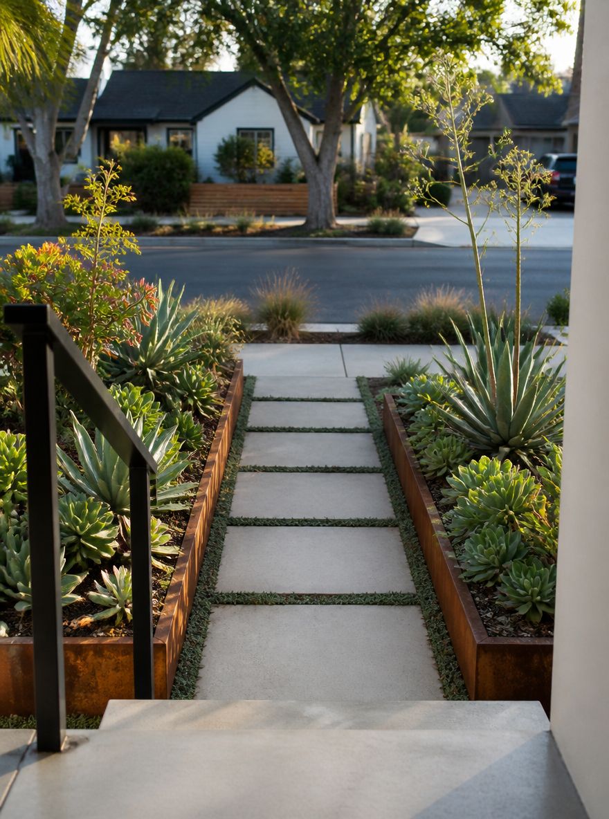 Porch-view down paver path with corten steel edging