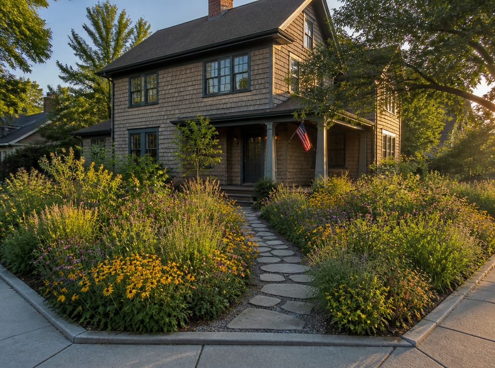 Corner lot native perennial planting, no lawn