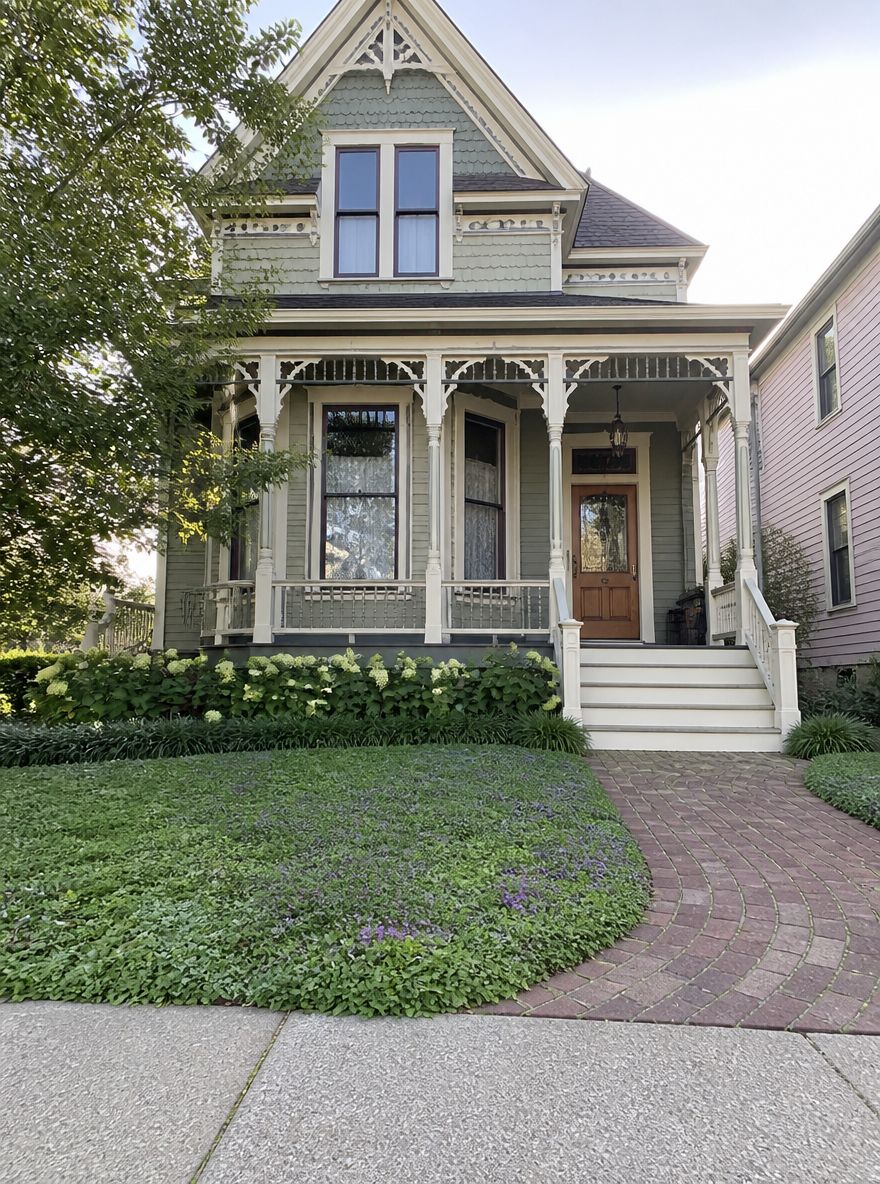 Clover and thyme replace lawn at Victorian front yard