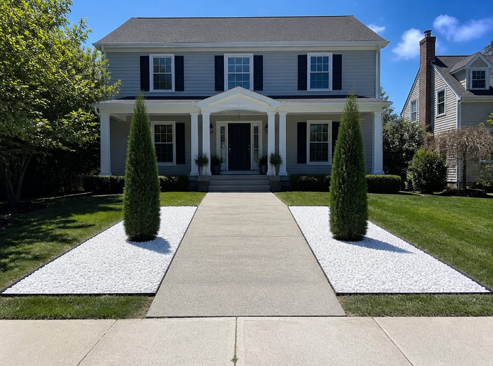 Symmetrical columnar arborvitae in white marble chip beds