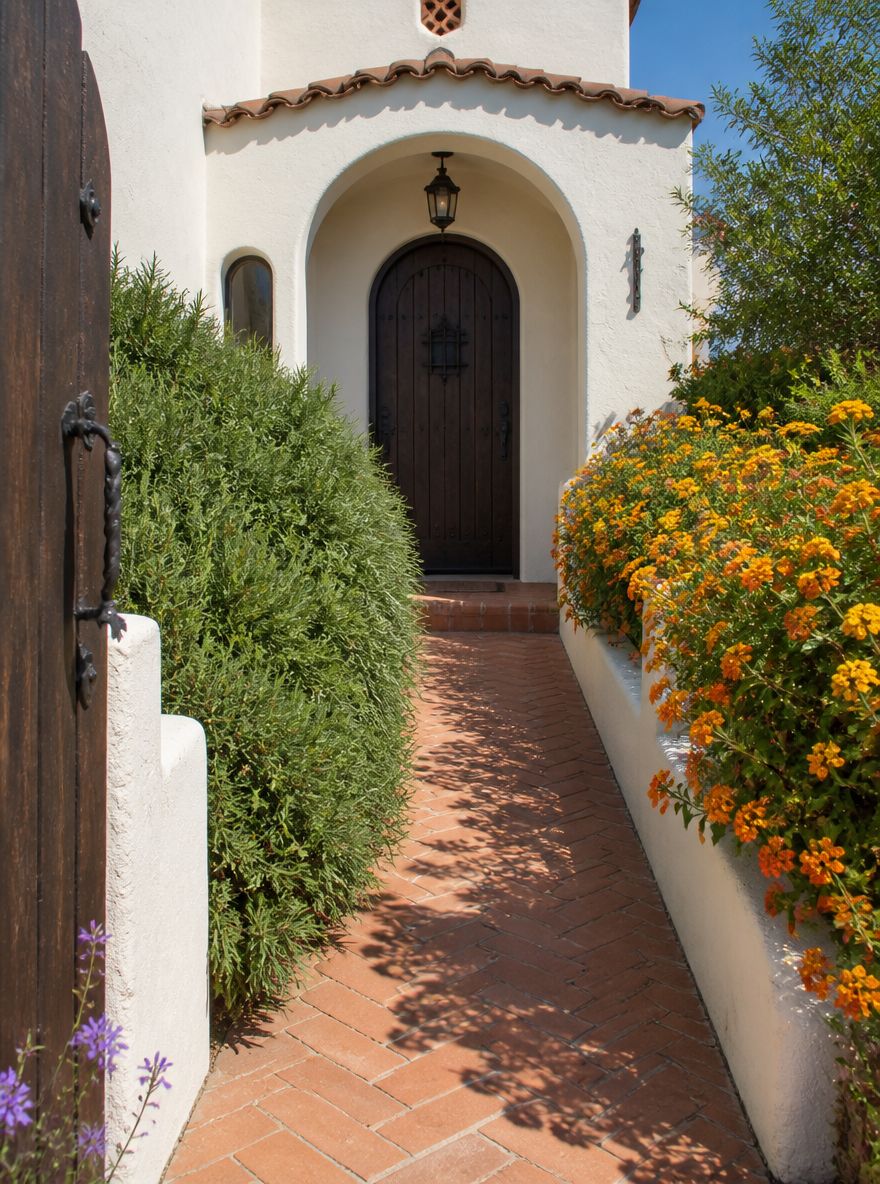 Terracotta path with rosemary and lantana planters