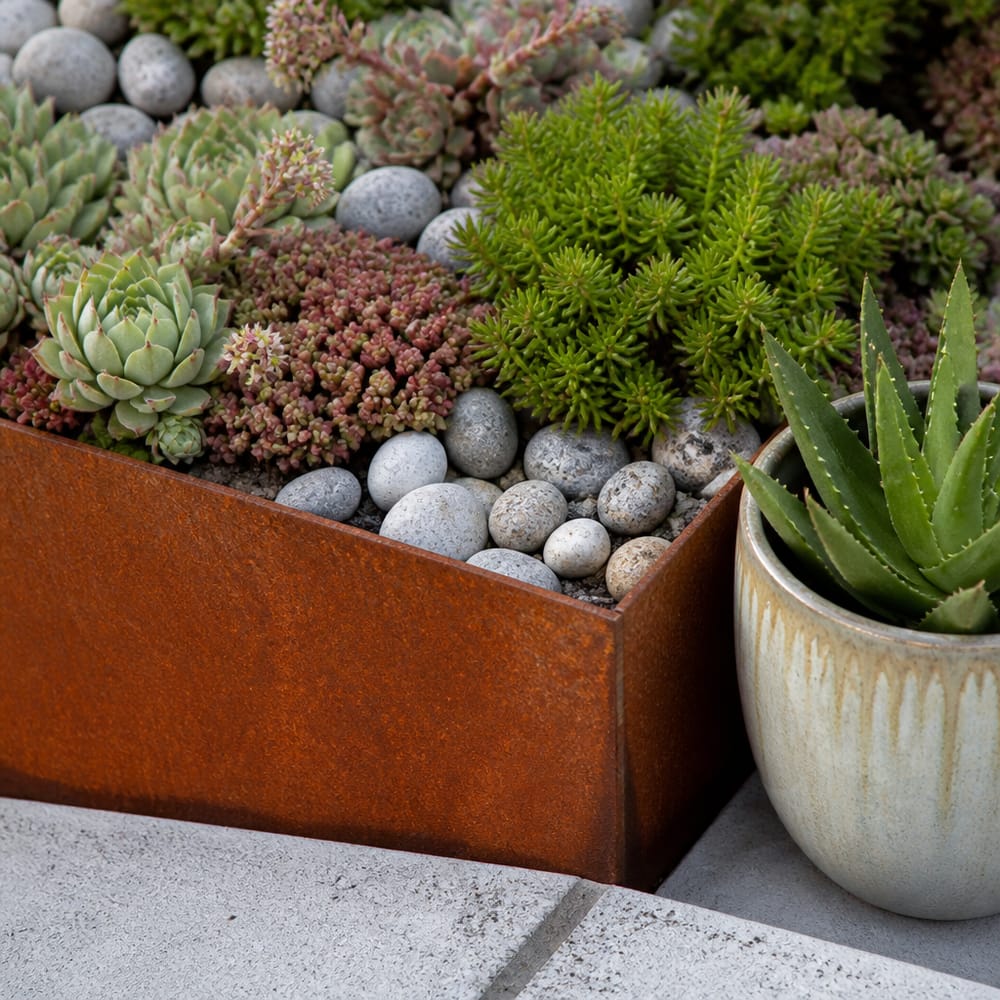 Corten steel bed with sedum and hens-and-chicks