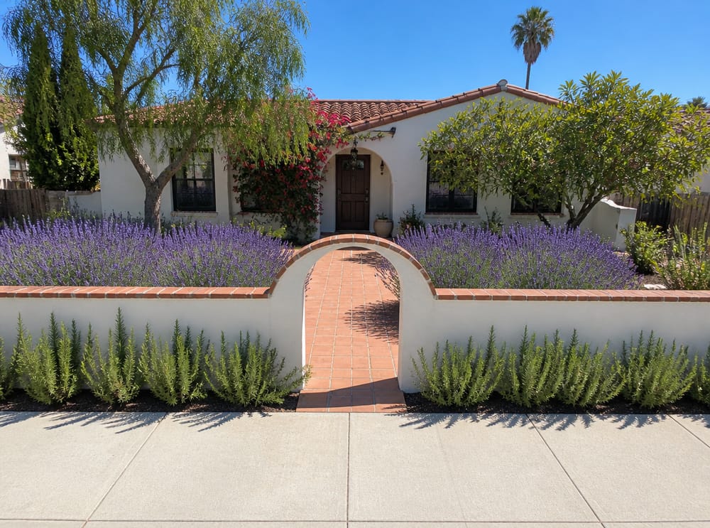 Massed lavender and rosemary with stucco perimeter wall