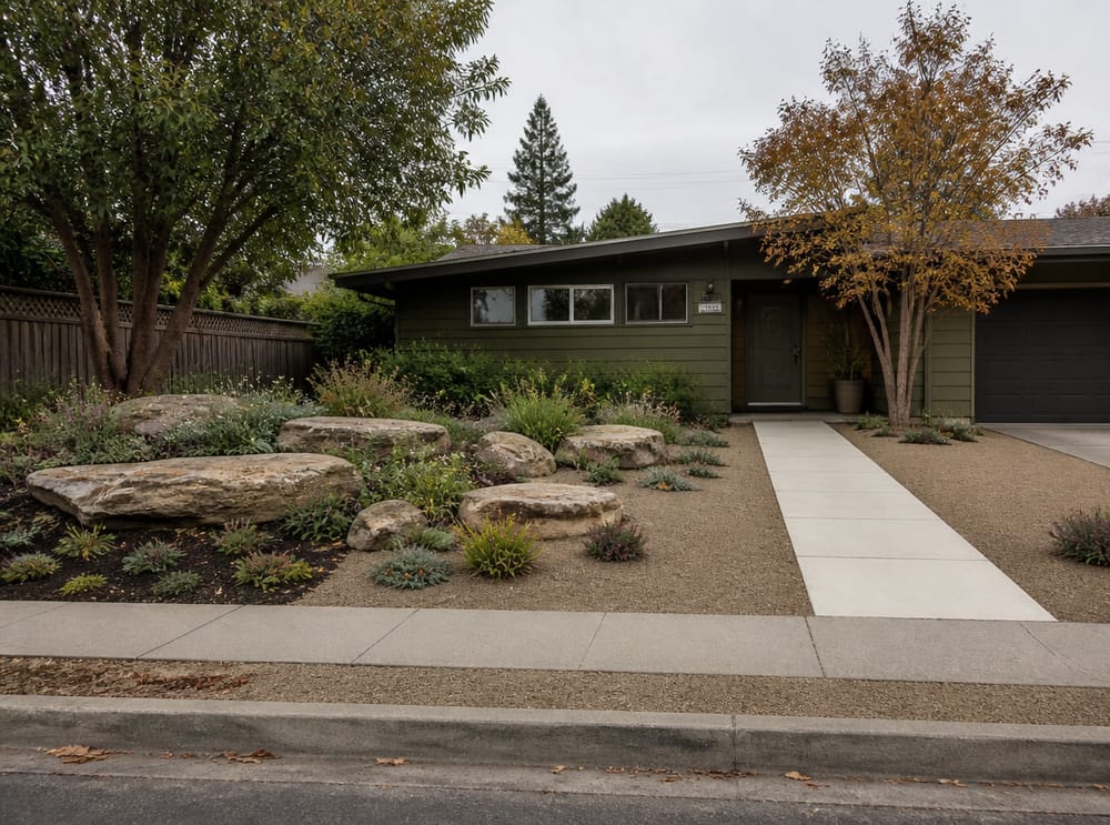 Boulder rock garden with sedum and decomposed granite