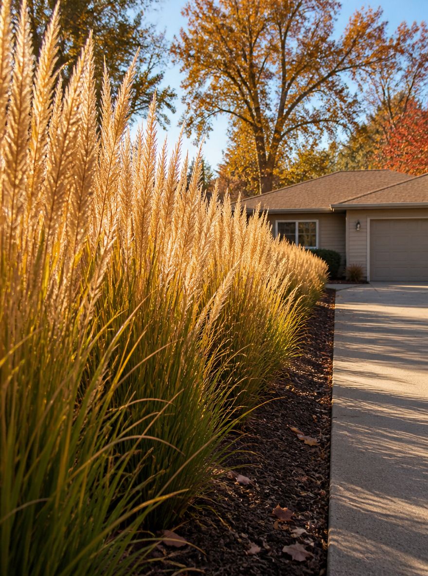 Row of feather reed grass along driveway edge