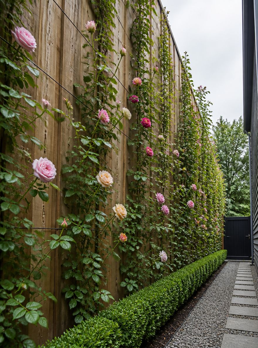 Climbing roses trained along a tall cedar fence