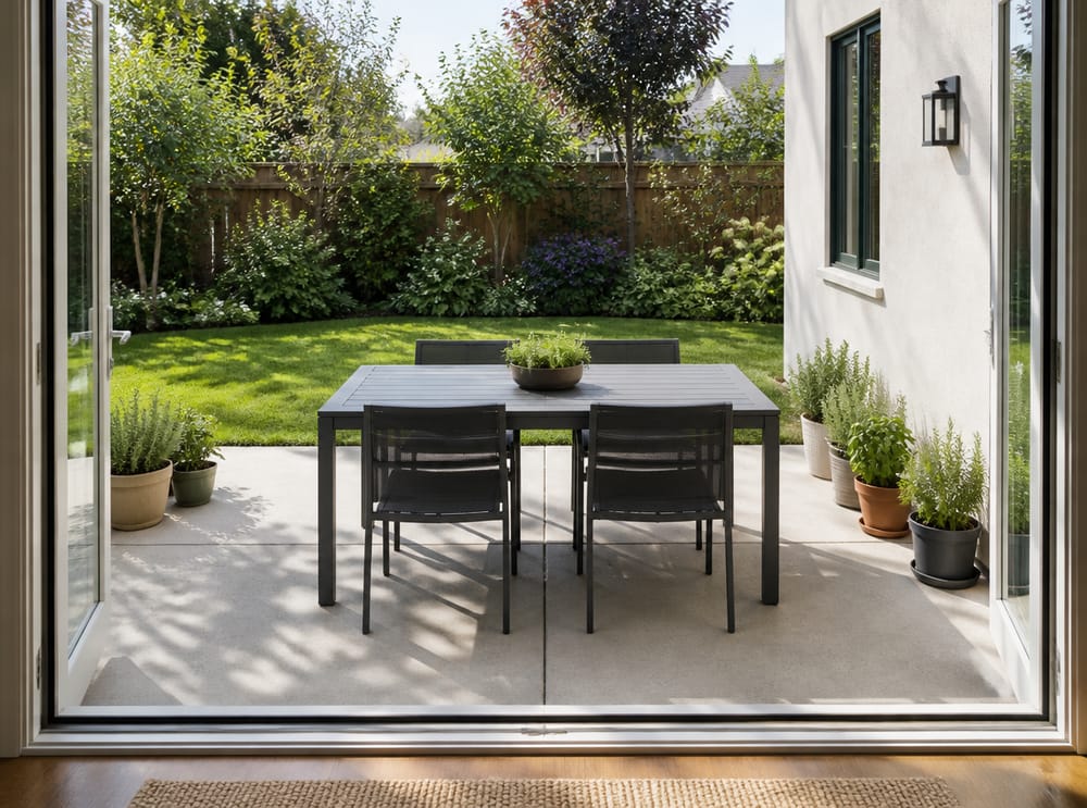 Concrete patio with dining table framed by shrub border