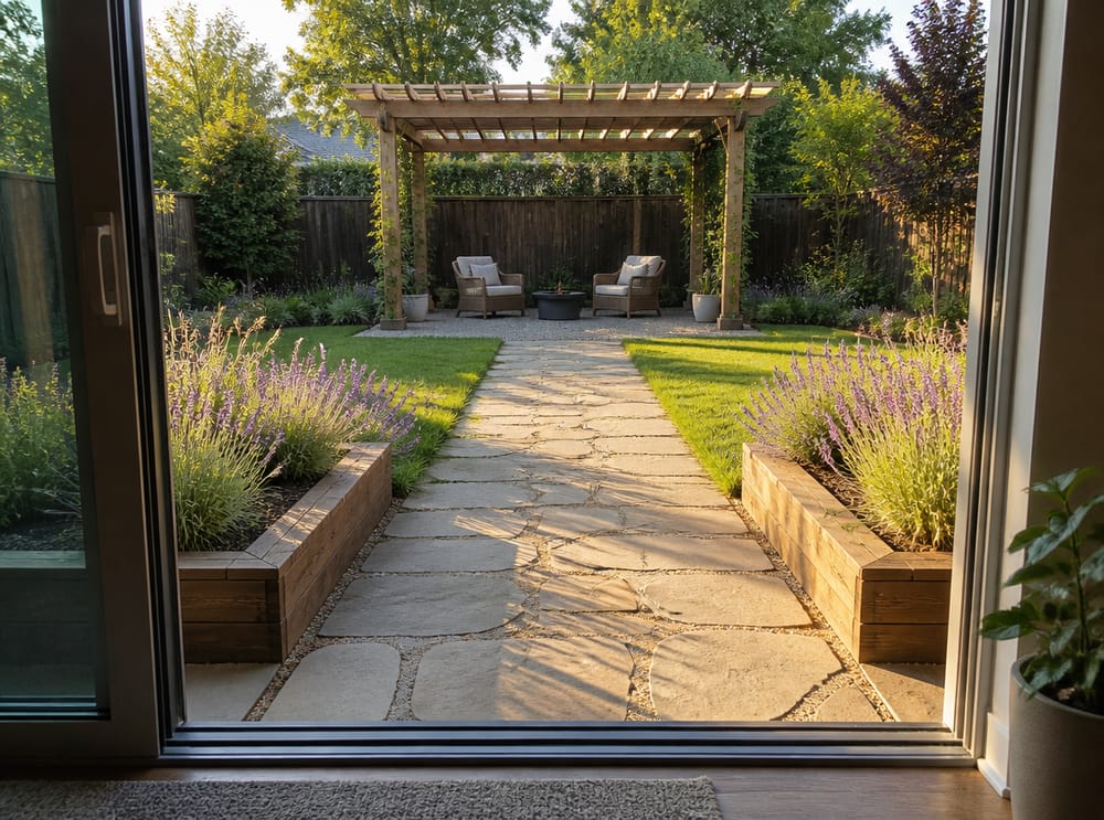 Flagstone path leading to a shaded pergola seating area