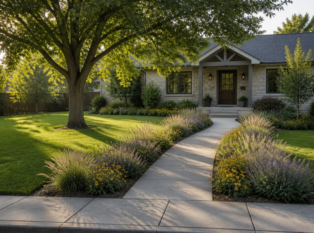 Curved concrete path through native front yard plantings
