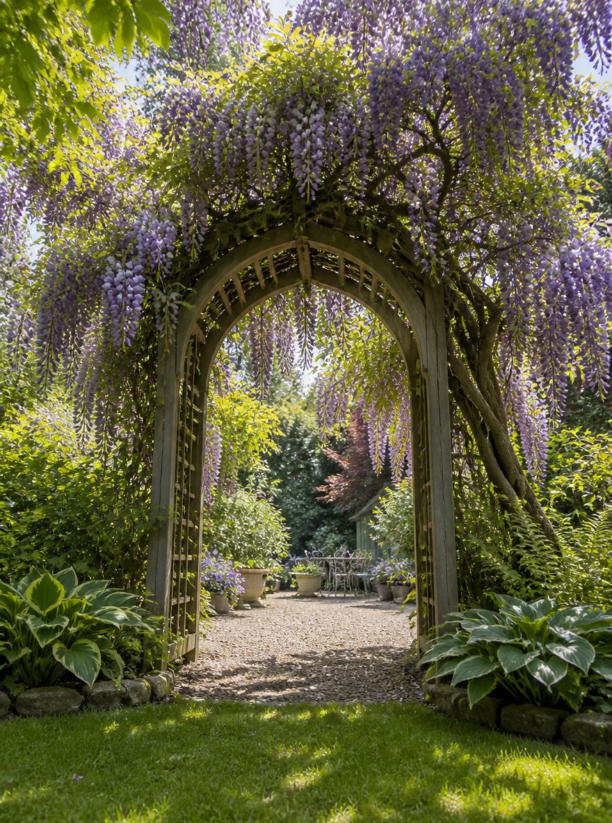 Wisteria-covered arch marking the garden room entrance