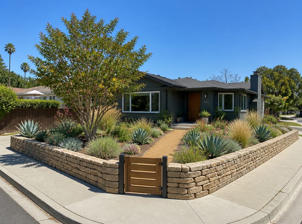 Dry-stack stone wall enclosing a drought-tolerant corner yard