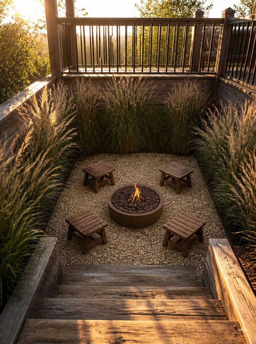 Sunken gravel fire pit area below a raised timber deck