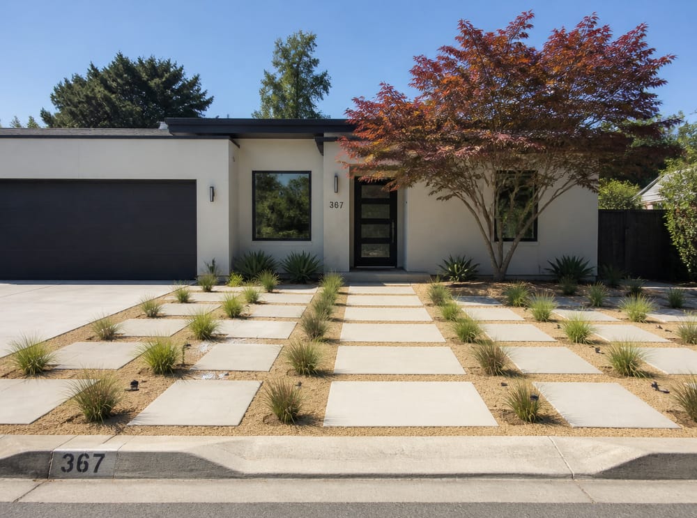 Concrete pavers and gravel replacing a traditional front lawn