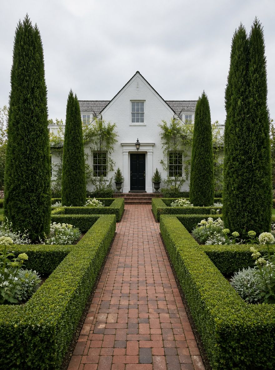 Formal brick path flanked by boxwood and columnar evergreens