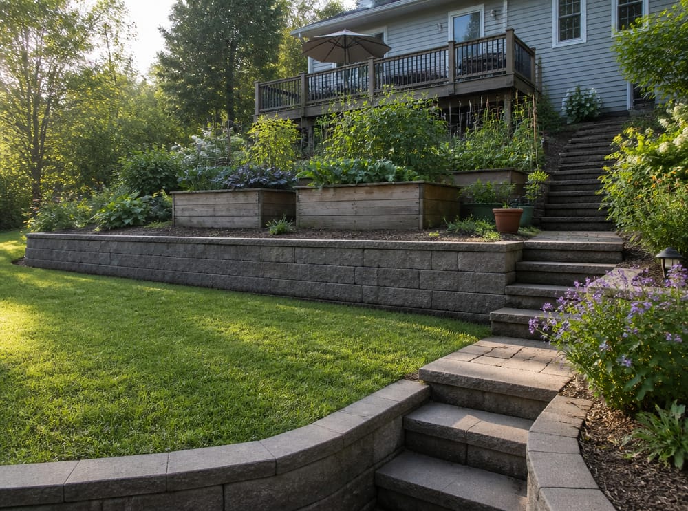 Tiered retaining walls with vegetable beds on upper level