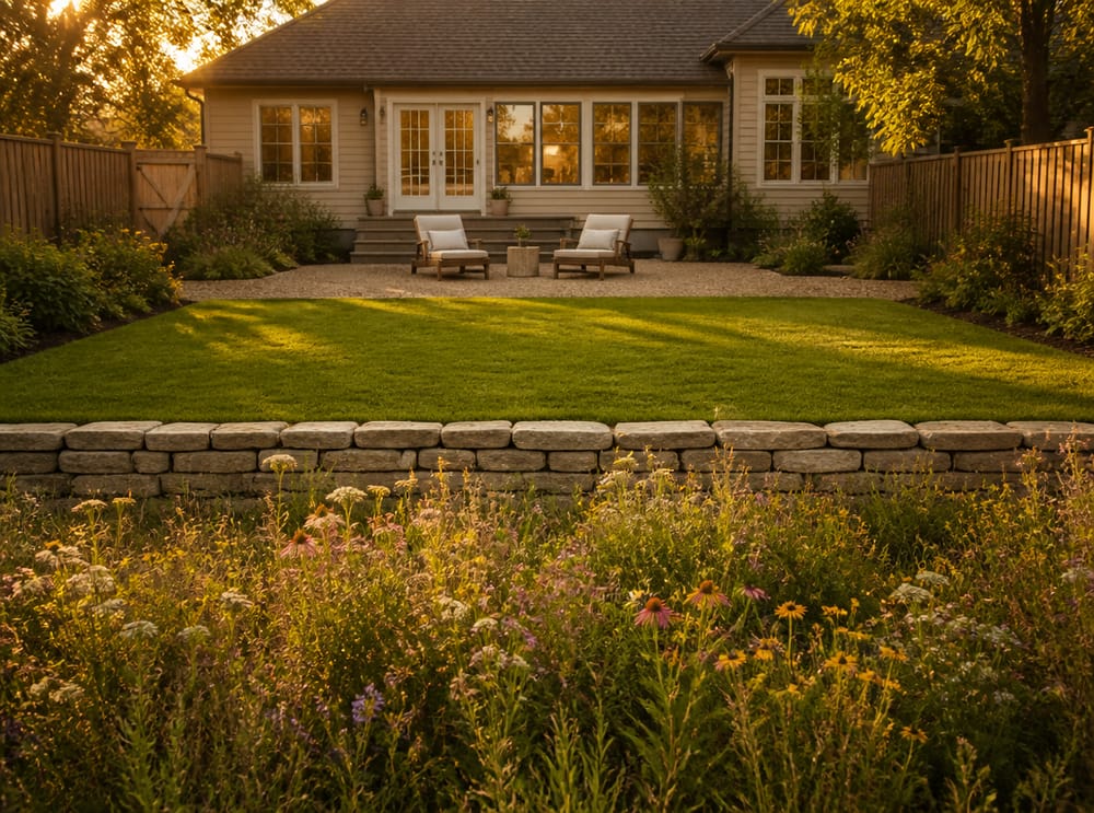Three-zone backyard with meadow strip and lounge area