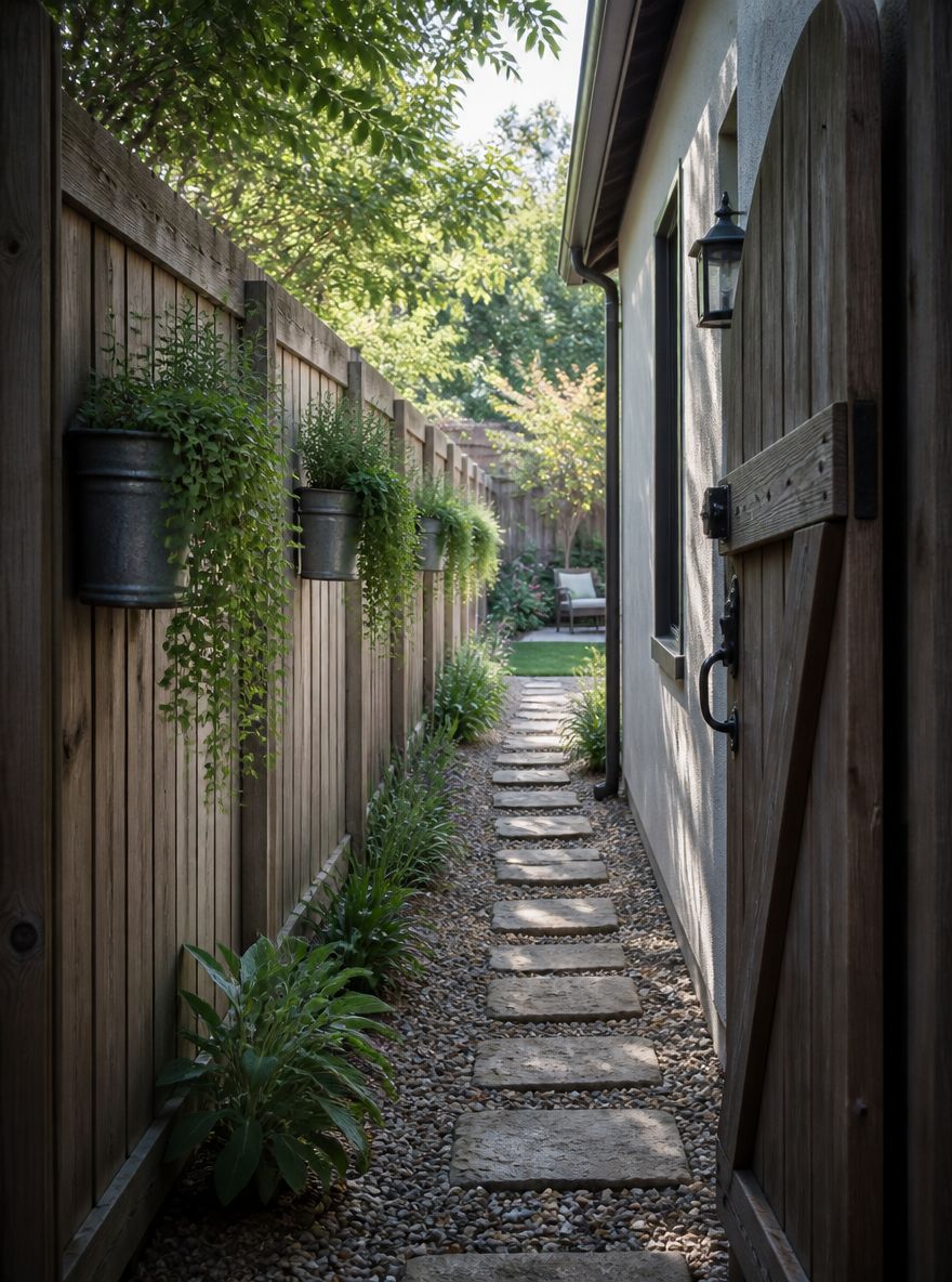 Narrow side passage with wall-mounted herb planters