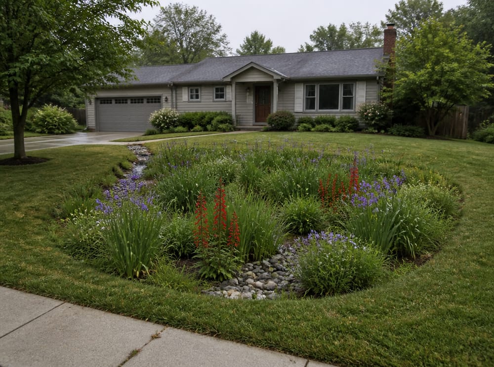Native rain garden planted in a front yard depression