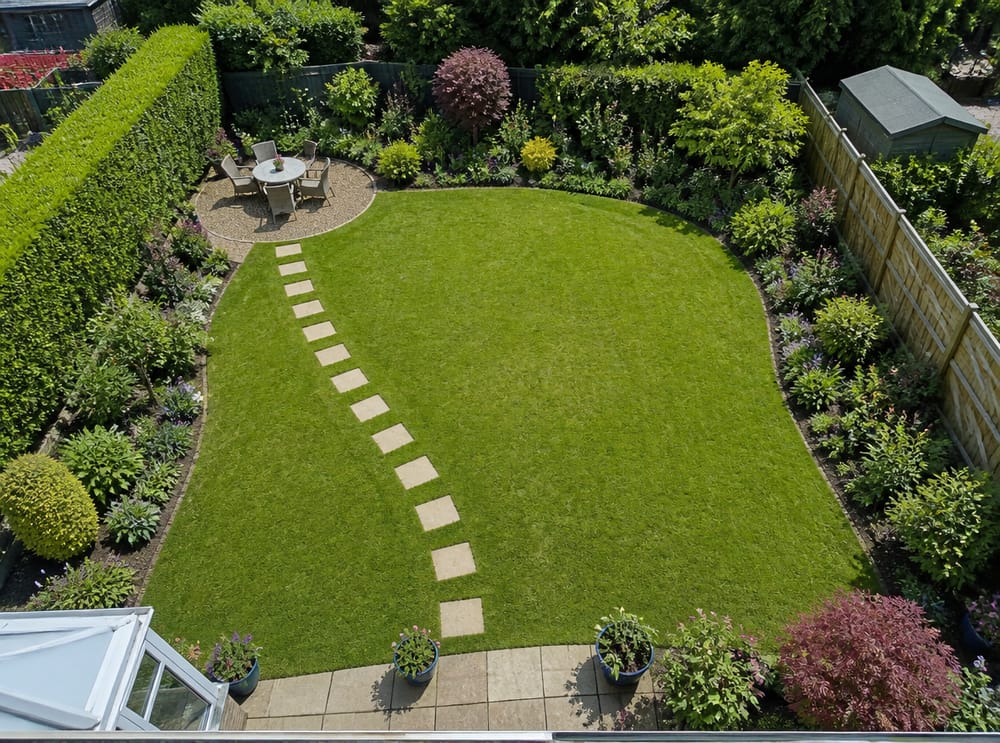 Bird's-eye view of curved border wrapping a central lawn