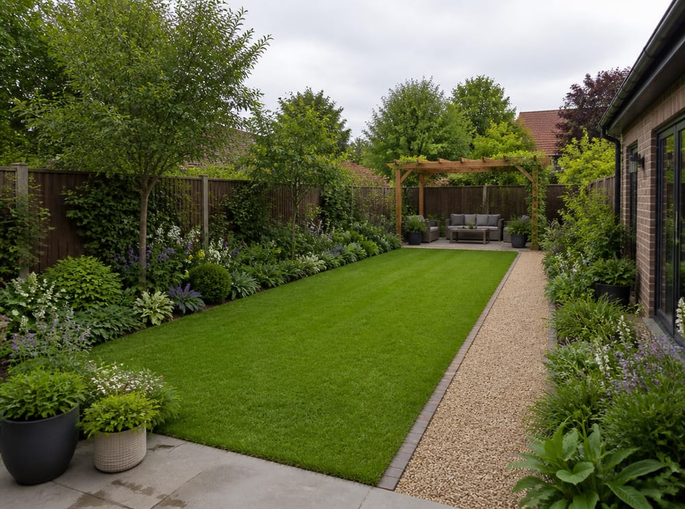 Long rectangular yard with central lawn and pergola terminus
