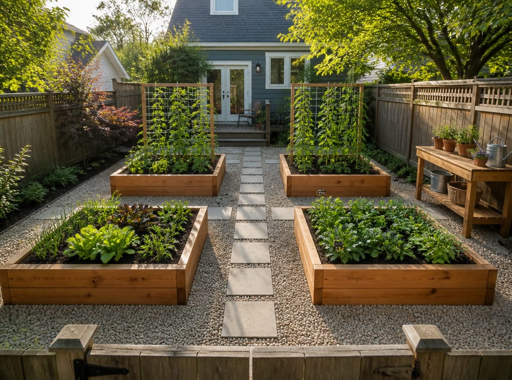 Four raised cedar beds in a grid with trellis supports