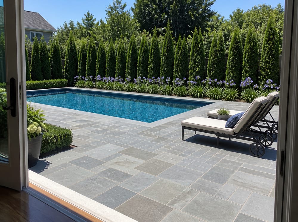 Rectangular lap pool with arborvitae backdrop and stone surround